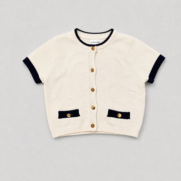 Freshman 1996 Sweaters - Freshman 1996 Cream & Navy Knit Short Sleeve Cardigan | Gold Button | Women’s M